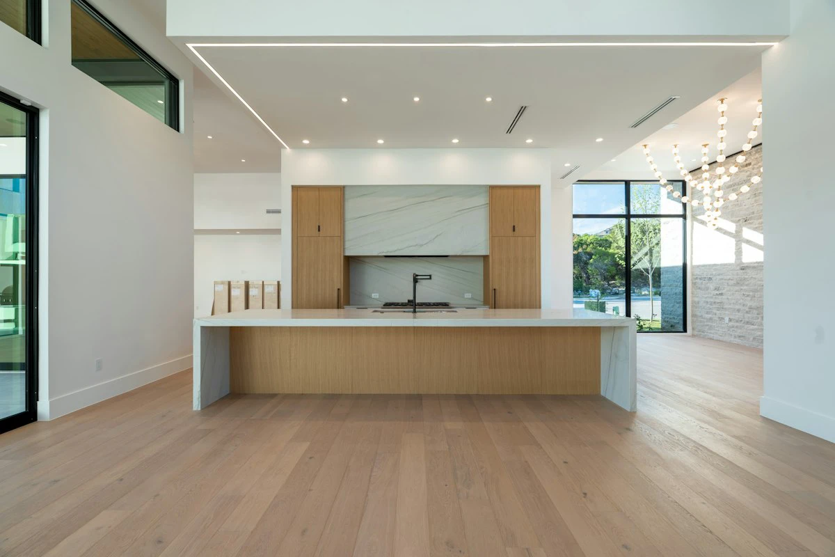 Slim white oak kitchen cabinets in a modern kitchen