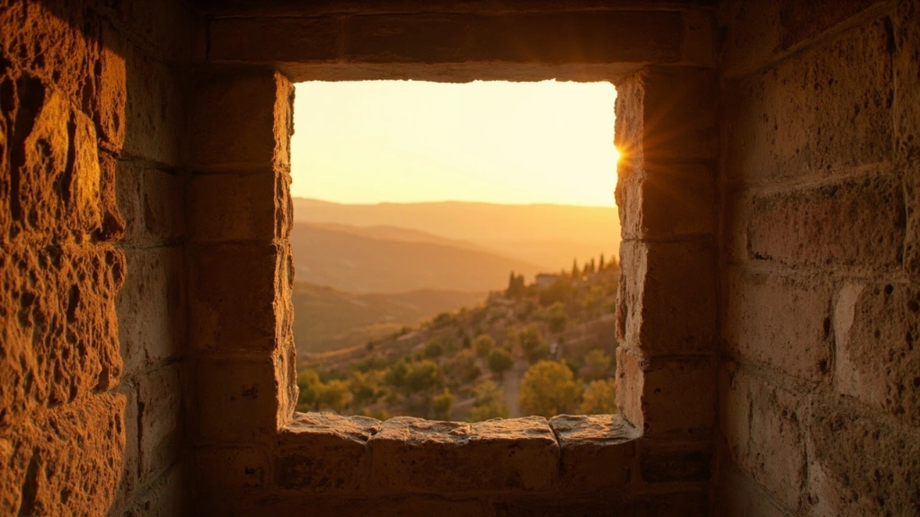 A sunlit Tuscan farmhouse window opening onto a terraced olive grove at golden hour