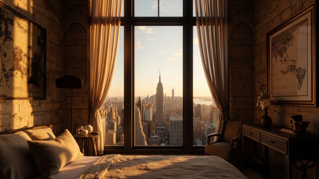A Tuscan stone sitting room opening through tall arched windows onto a Manhattan skyline at dusk