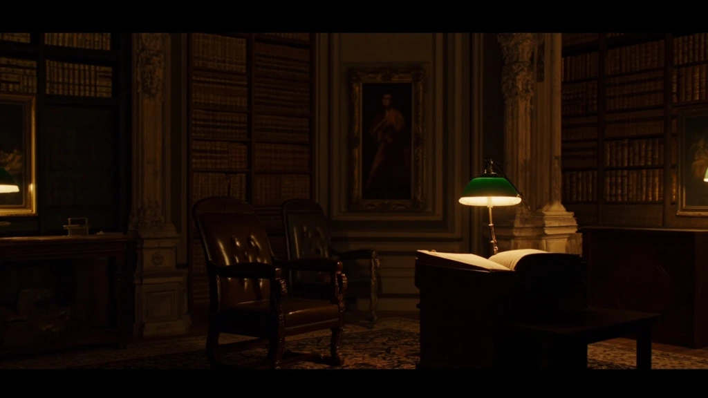A quiet private library in a Florentine palazzo, lit by a single green-shaded lamp